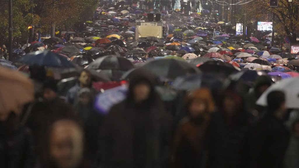 People march during a protest following the collapse of a concrete canopy at the railway station in Novi Sad that killed 14 people, in Belgrade, Serbia, Monday, Nov. 11, 2024.