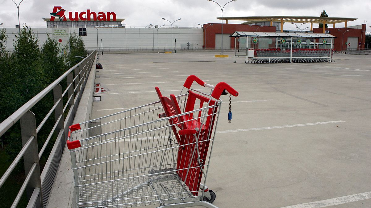 In this Sunday July 12, 2009 file, the empty parking lot of an Auchan hypermarket is seen in Plaisir, France.