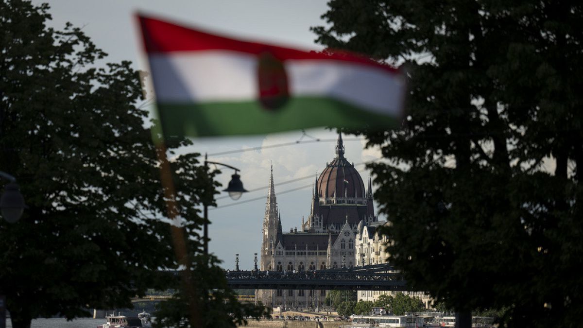 File photo: People wave a Hungarian national flag next to the Danube river, in Budapest, Thursday May 30, 2024,