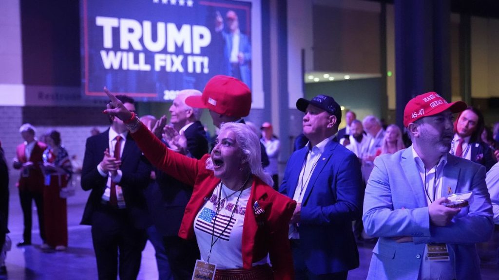 Trump supporters react as they watch election results at an election night campaign watch party