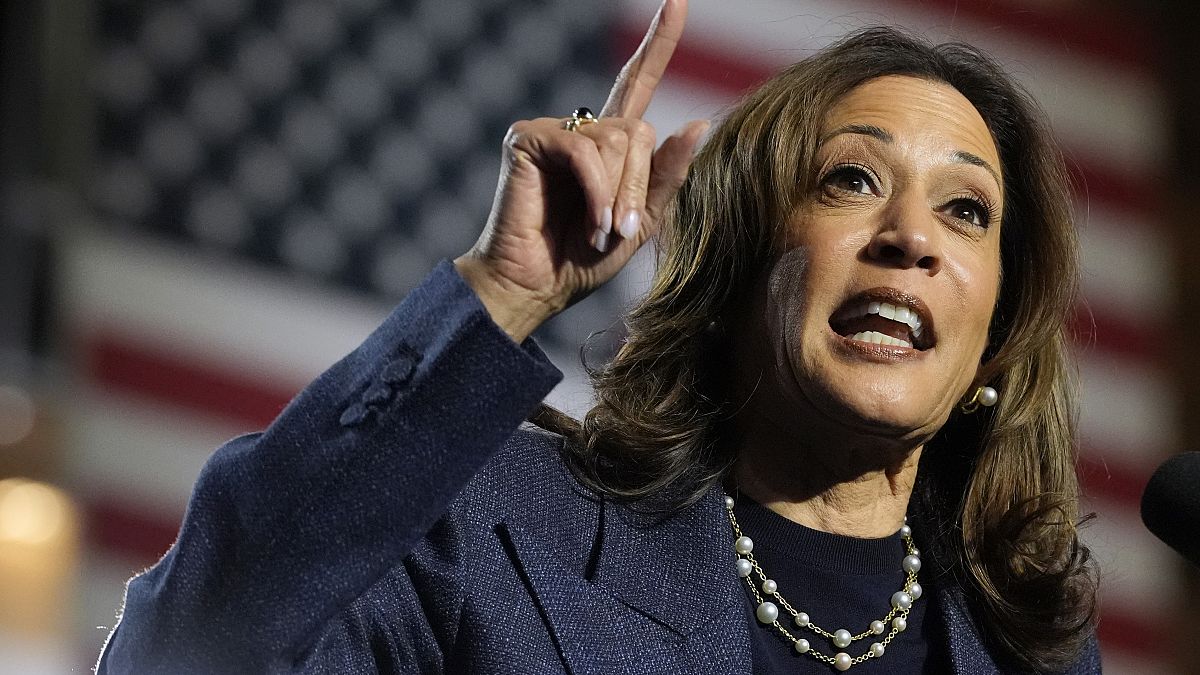 Democratic presidential nominee Vice President Kamala Harris speaks during a campaign rally at Jenison Field House on the campus of Michigan State University, Sunday, Nov. 3,