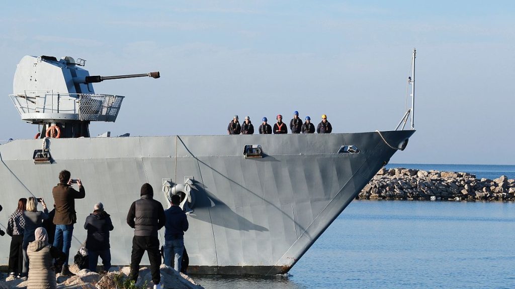 The Italian navy ship Libra arrives at the port of Shengjin, northwestern Albania, Friday, Nov. 8, 2024.