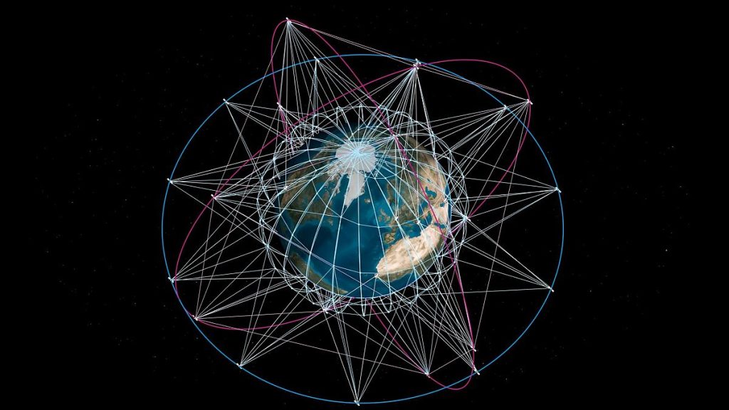 A graphic shows a constellation of interconnected satellites that the IRIS2 could use by 2030.