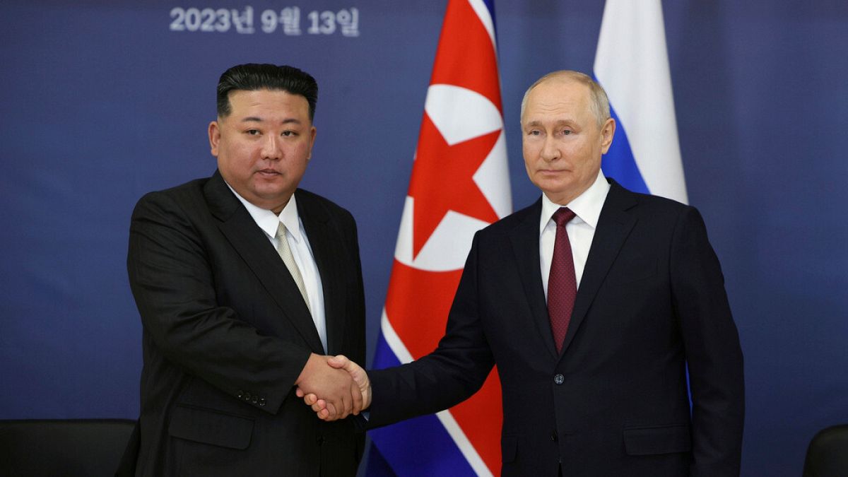 Russian President Vladimir Putin, right, and North Korean leader Kim Jong Un shake hands during a meetingin the far eastern Amur region of Russia on Sept. 13, 2023.