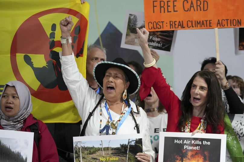 Des militants participent à une manifestation lors du Sommet des Nations Unies sur le climat COP29, le jeudi 14 novembre 2024, à Bakou, en Azerbaïdjan. 