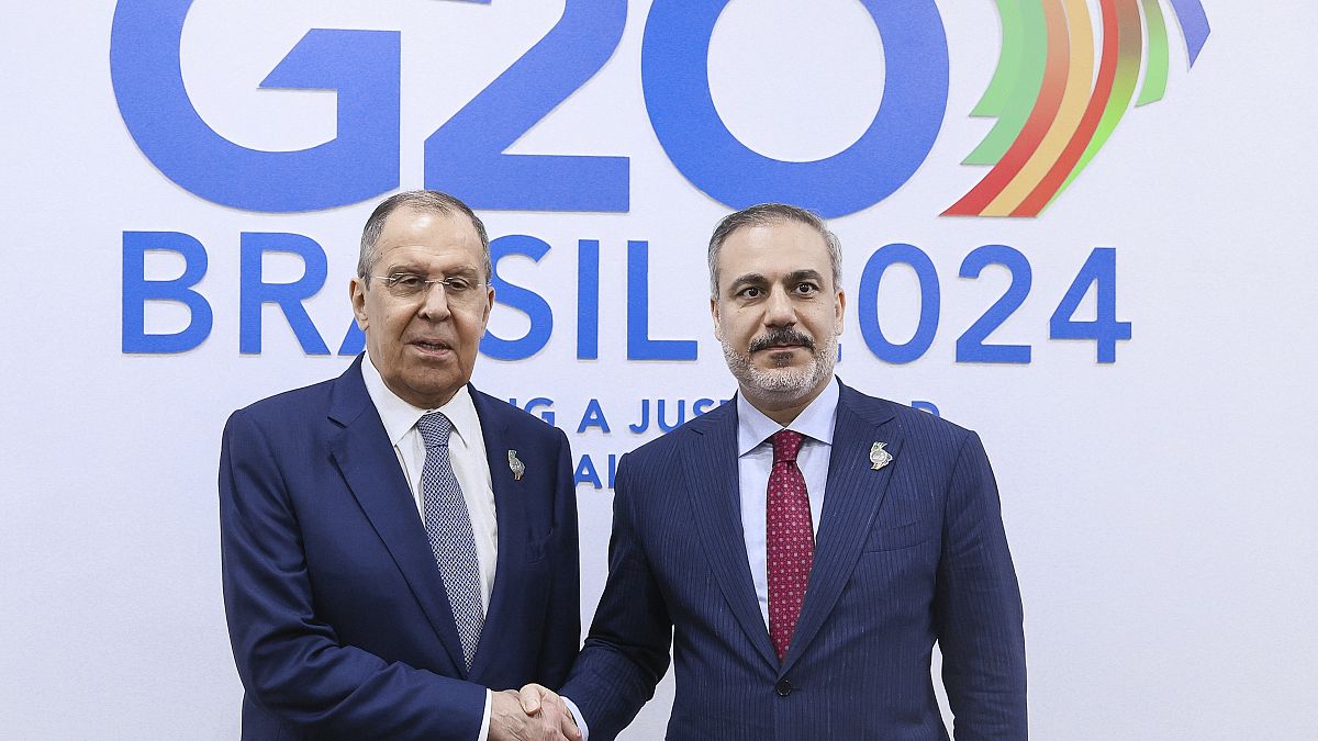 Russian Foreign Minister Sergey Lavrov with Turkish Foreign Minister Hakan Fidan at the G20 summit in Brazil, 22 February 2024