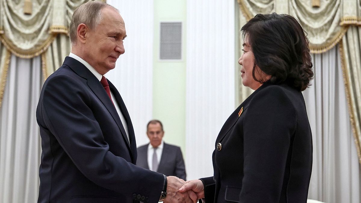 Russian President Vladimir Putin greets North Korean Foreign Minister Choe Son Hui during their meeting at the Kremlin in Moscow, Russia, 4 November 2024.