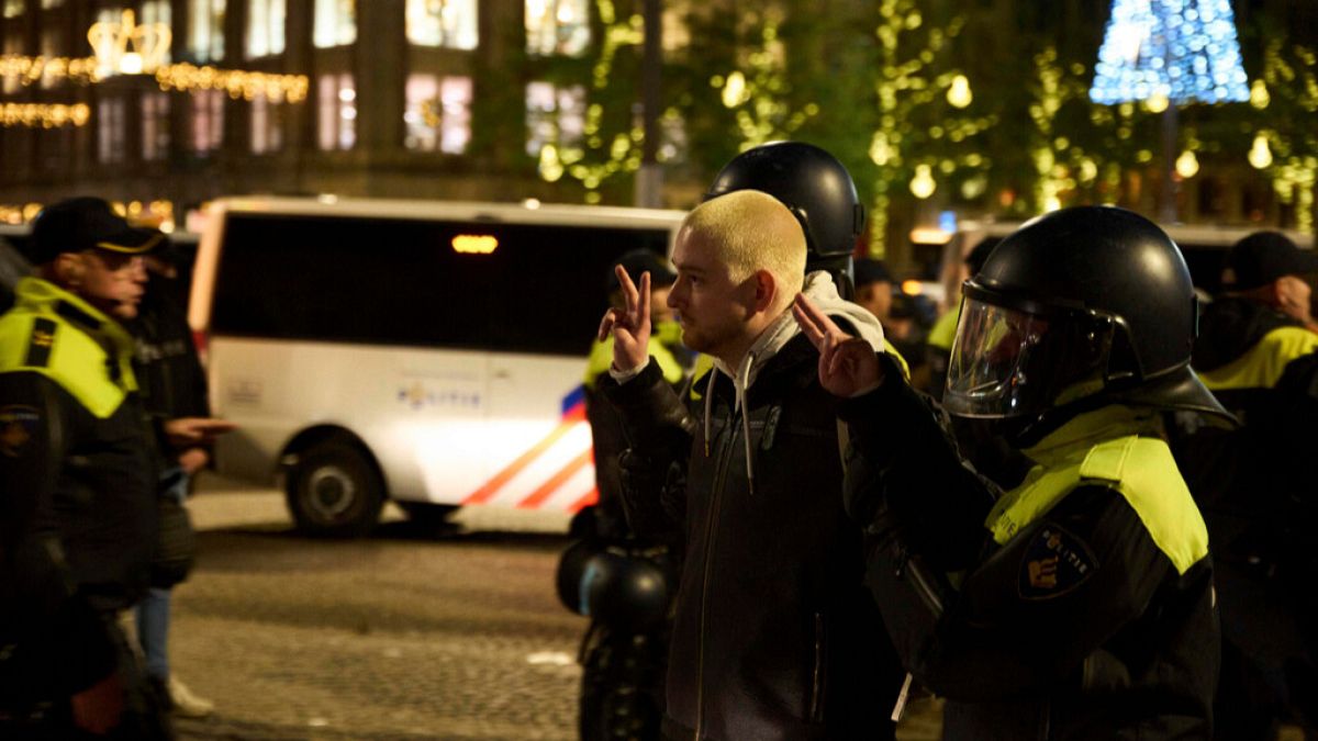 A pro-Palestinian protestor is arrested by police at a demonstration in Amsterdam, Netherlands, Wednesday, Nov. 13, 2024.