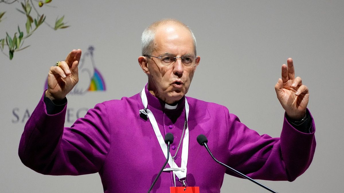 Archbishop of Canterbury Justin Welby delivers his speech at a interreligious meeting, in Rome on 6 October 2021.