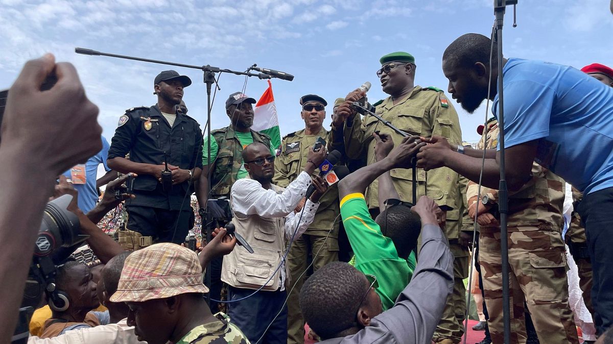 Mohamed Toumba, one of the soldiers who ousted Nigerian President Mohamed Bazoum, addresses supporters of Niger