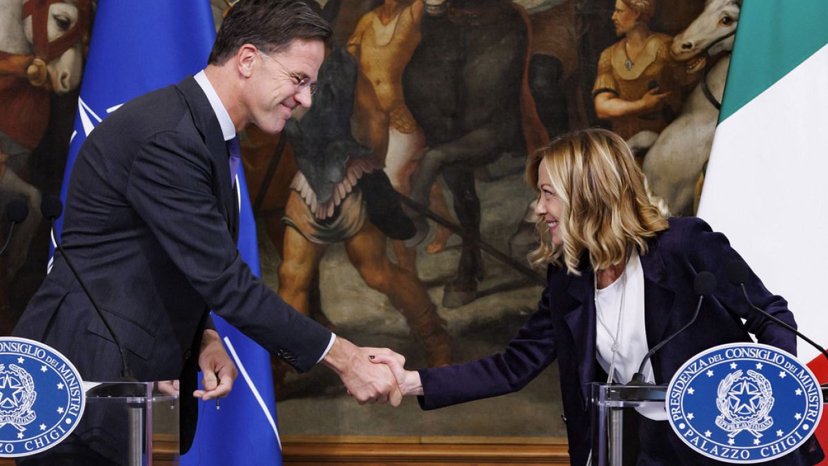 Prime Minister Giorgia Meloni and Nato secretary general Mark Rutte shake hands during the meeting at Palazzo Chigi, Rome, Tuesday Nov. 5, 2024.