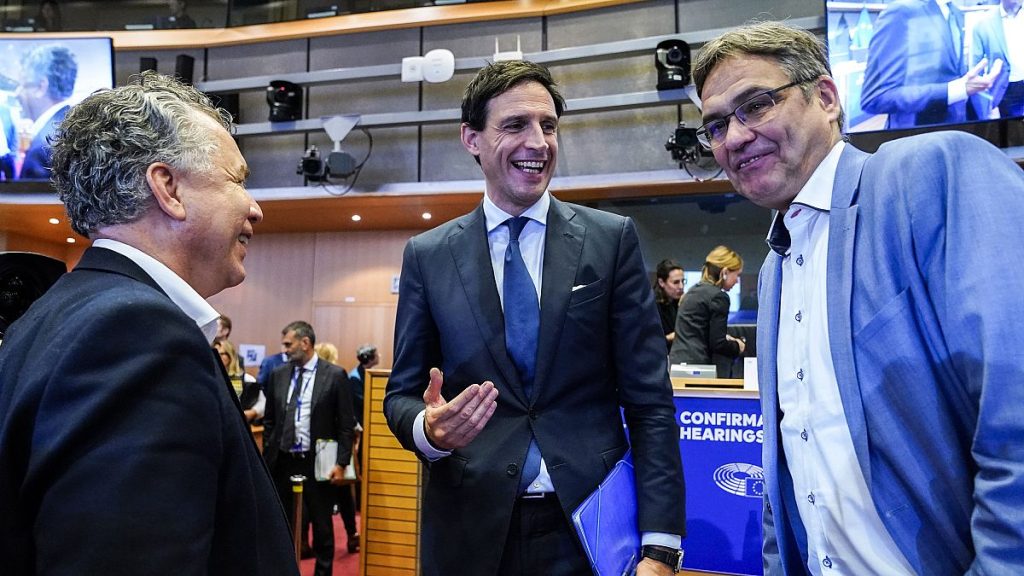 EU Climate Commissioner Wopke Hoekstra (centre) after his confirmatory hearing, with EPP group environment policy coordinator Peter Liese