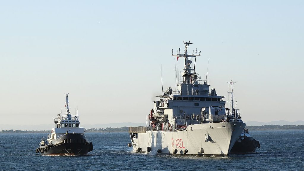 The Navy ship Libra arriving at the port of Shengjin, Albania, carrying the first group of migrants destined for repatriation centres, 16 October 2024