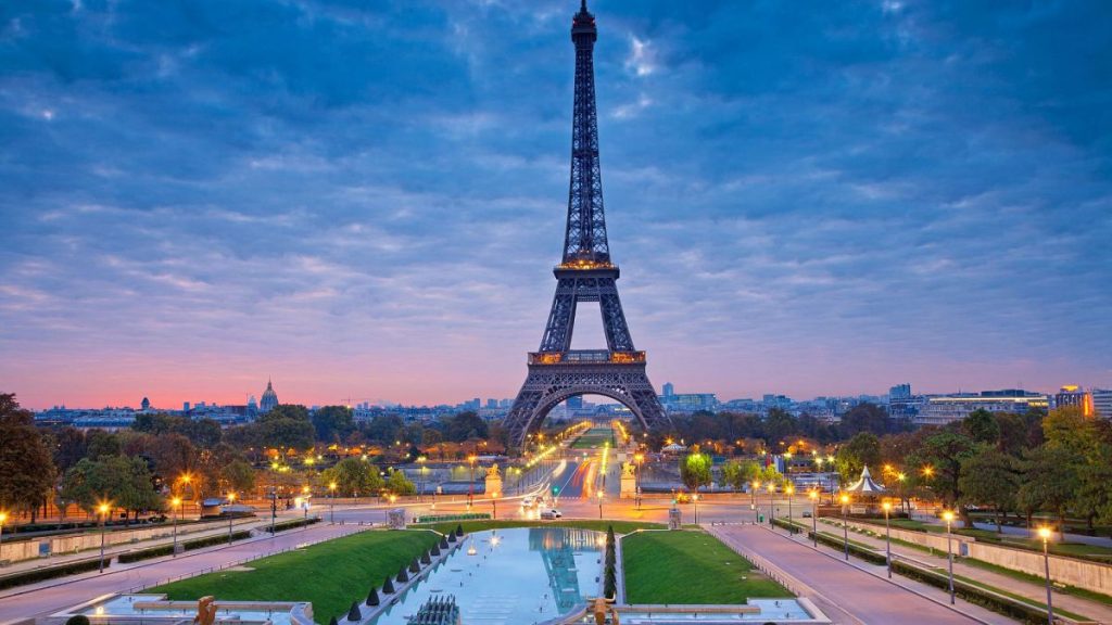 The Eiffel Tower in Paris at sunrise