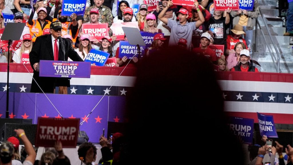 Republican presidential nominee former President Donald Trump speaks during a campaign rally, Sunday, Nov. 3, 2024, in Macon, Ga.