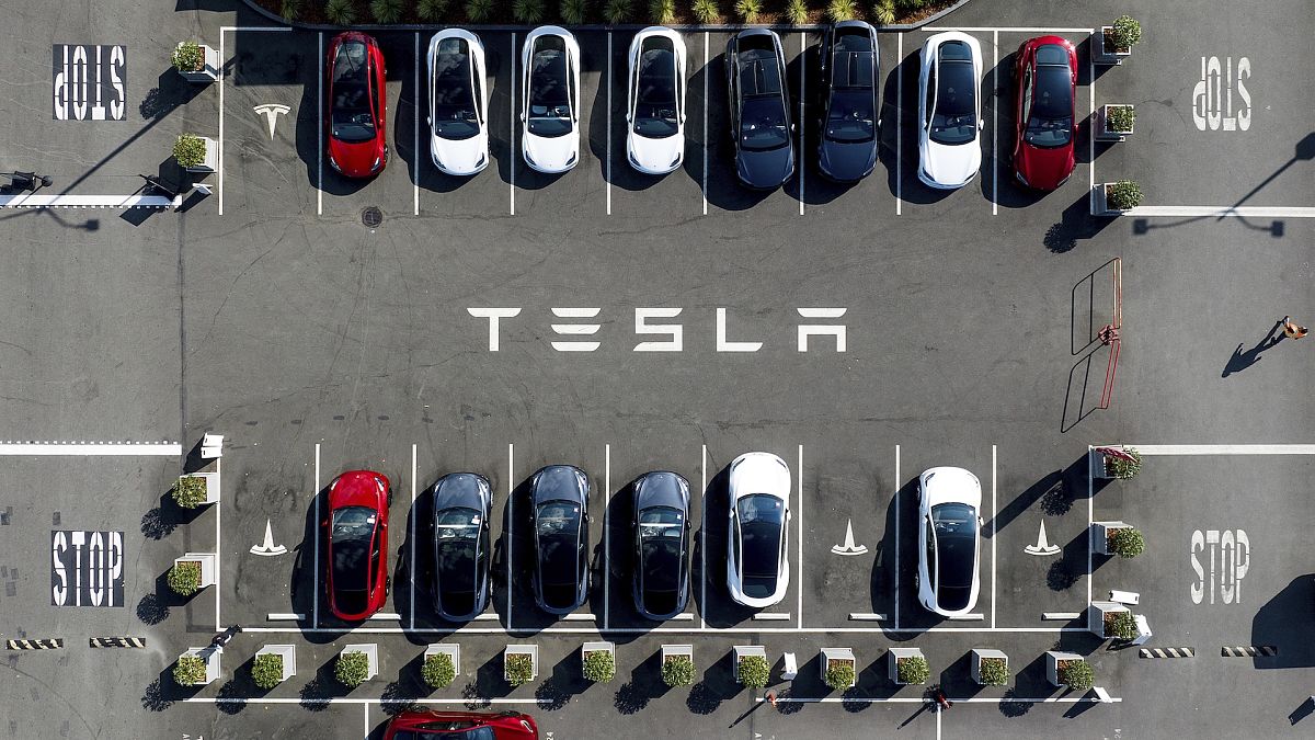 File picture of Tesla cars in the company car park