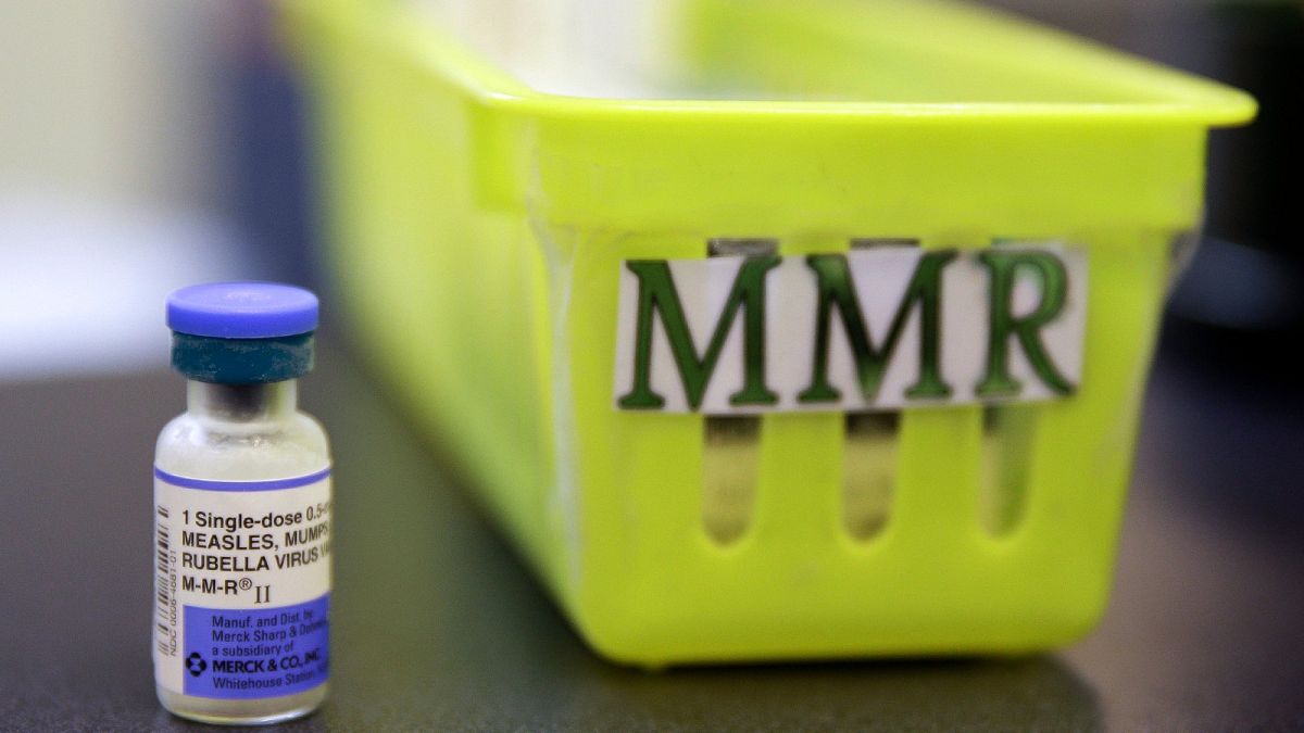 FILE - A vial of a measles, mumps and rubella vaccine sits on a countertop at a paediatrics clinic in the US.