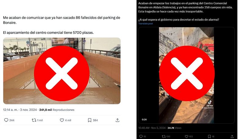 Deux des nombreux posts diffusent de la désinformation sur le parking du centre commercial Bonaire à Valence.