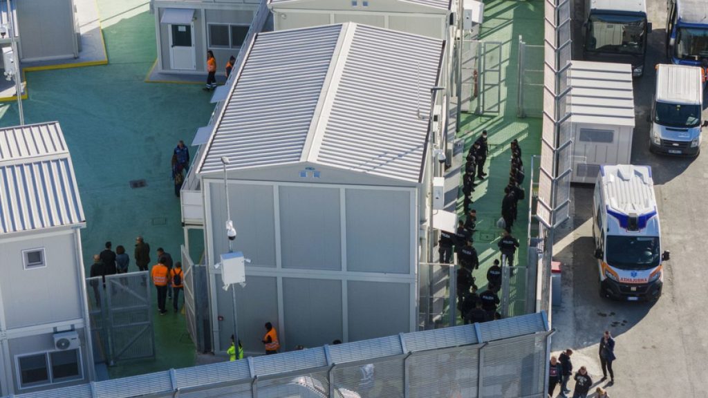 An aerial view of the migrant reception facility built by Italy in the port of Shengjin, Albania, 8 November 2024