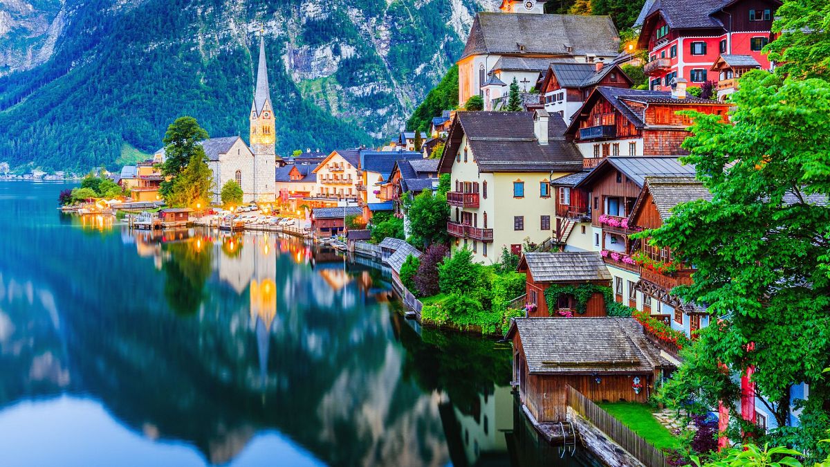 The town of Halstatt, Austria at twilight