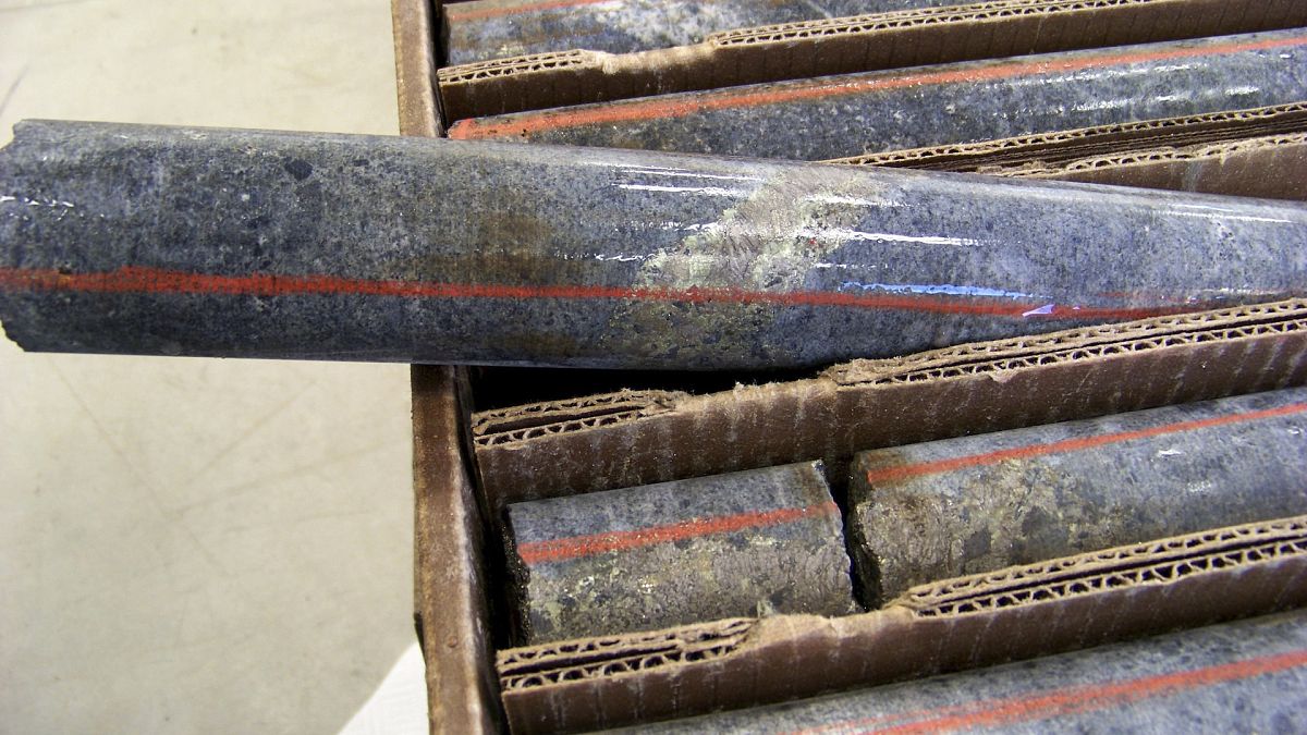 File picture of a core sample drilled from underground rock in the US shows a band of shiny minerals containing copper, nickel and precious metals