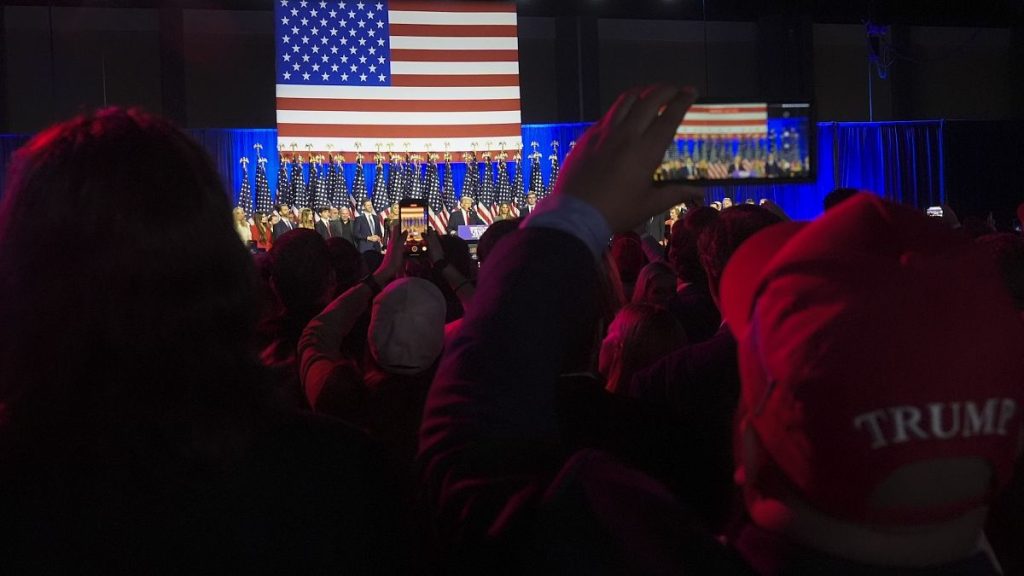 Republican presidential nominee former President Donald Trump speaks at an election night watch party