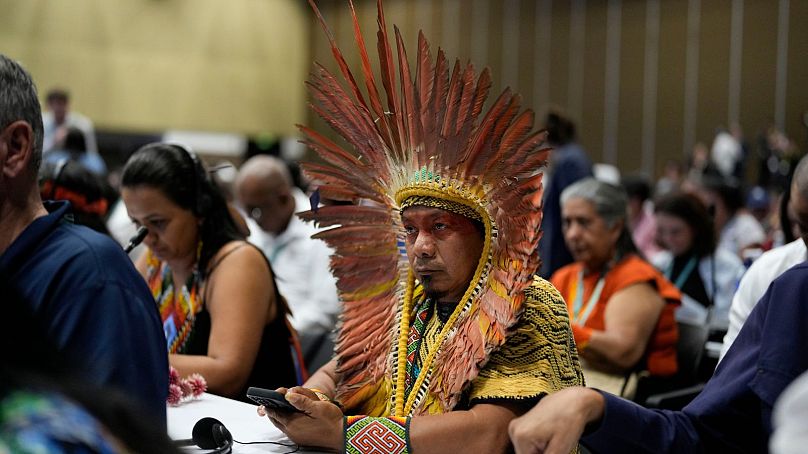 Un délégué autochtone brésilien assiste à la cérémonie d'ouverture de la COP16 à Cali, en Colombie, le 20 octobre. 