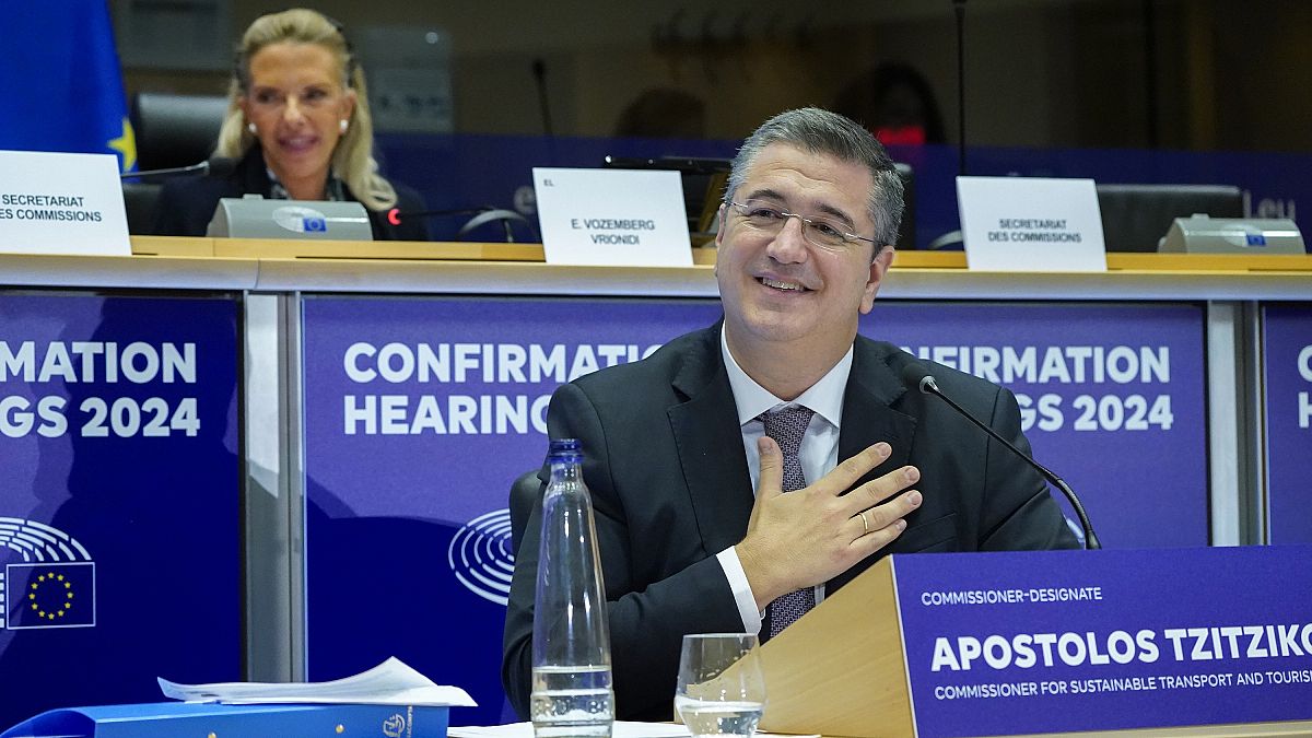 EU commissioner designate Apostolos Tzitzikostas thanks MEPs for a round of applause after a gruelling three-hour hearing on 4 November 2024