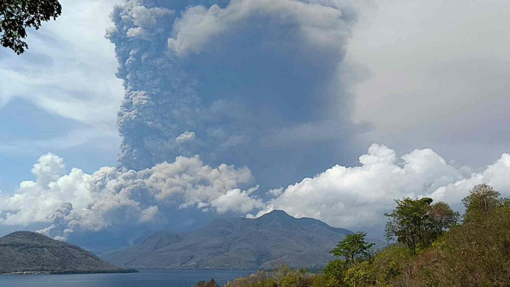 Mount Lewotobi Laki Laki spews volcanic material during an eruption in East Flores, Indonesia, Saturday Nov, 9, 2024.