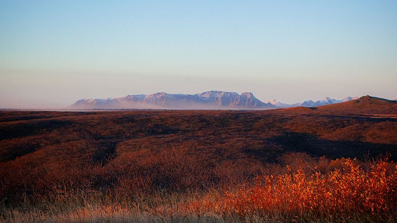 Un panache de poussière s'élève dans le désert de Myrdalssandur où les scientifiques se dirigent vers la collecte d'échantillons. 