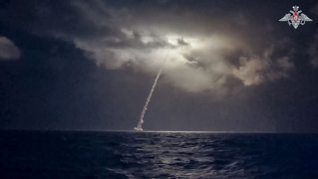 In this photo taken from video distributed by Russian Defense Ministry Press Service on Tuesday, 29 Oct 2024, A Bulava ballistic missile is test-fired from the Okhotsk Sea d