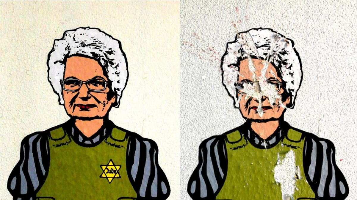 The mural, before and after defacement