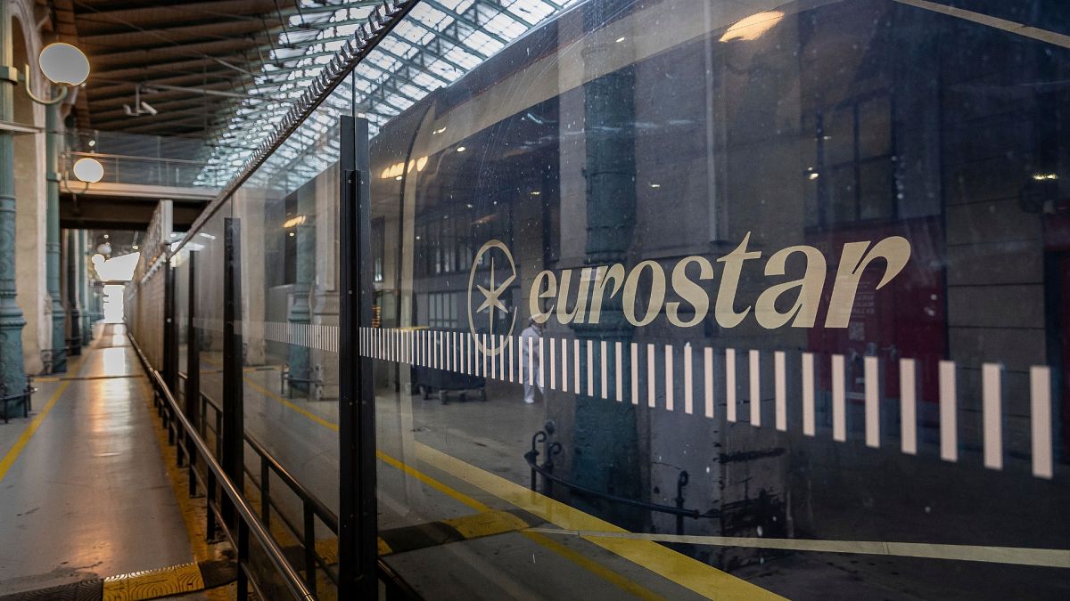 The logo of a Eurostar train at Gare du Nord train station.