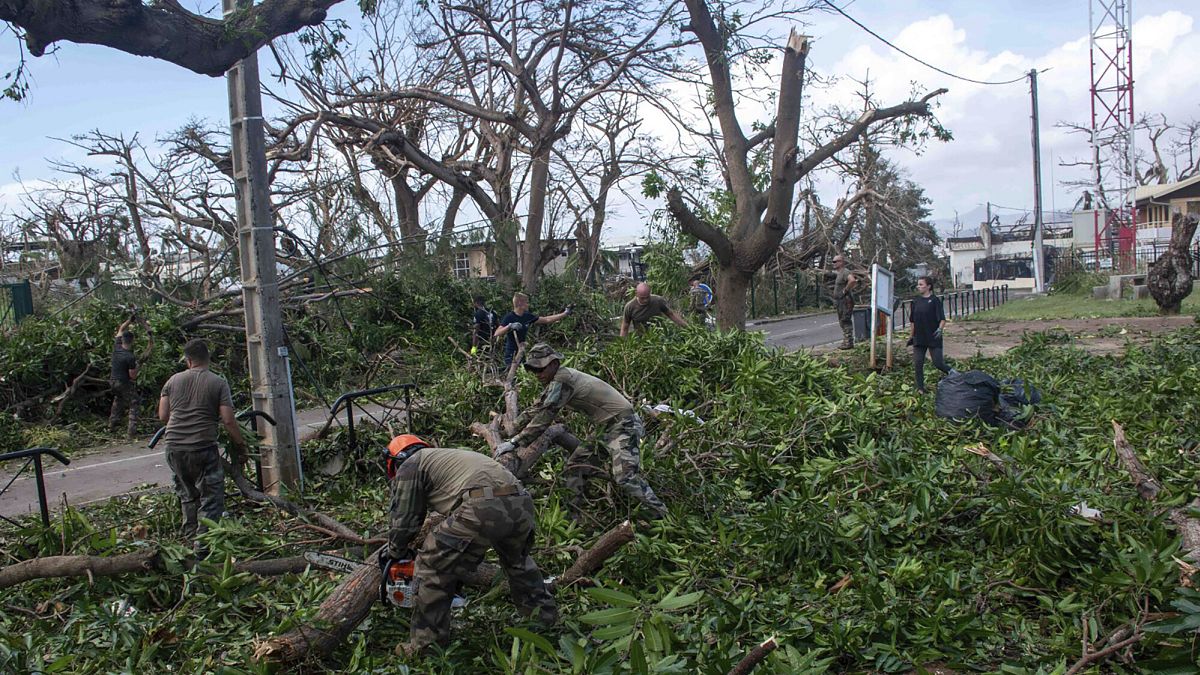 French soldiers removing fallen trees in the overseas territory of Mayotte, 15 December, 2024