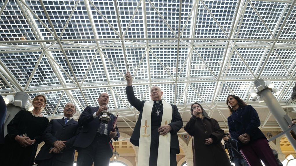 Cardinal Fernando Vergez Alzaga blesses the new photovoltaic glass roof at the entrance to the Vatican Museums, 20 December, 2024