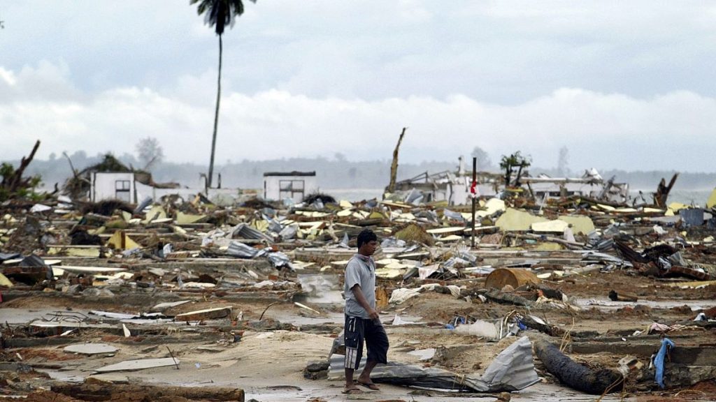 Indonesian man walks through the remains of Calang, 65 kilometers (40 miles) south west of Banda Aceh in the province of Aceh Saturday January 8, 2005.