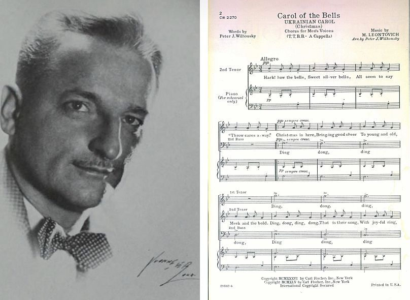 Chef d'orchestre et compositeur américain Peter Wilhousky (à gauche) et fragment de la partition musicale Carol of the Bells de 1936 (à droite).