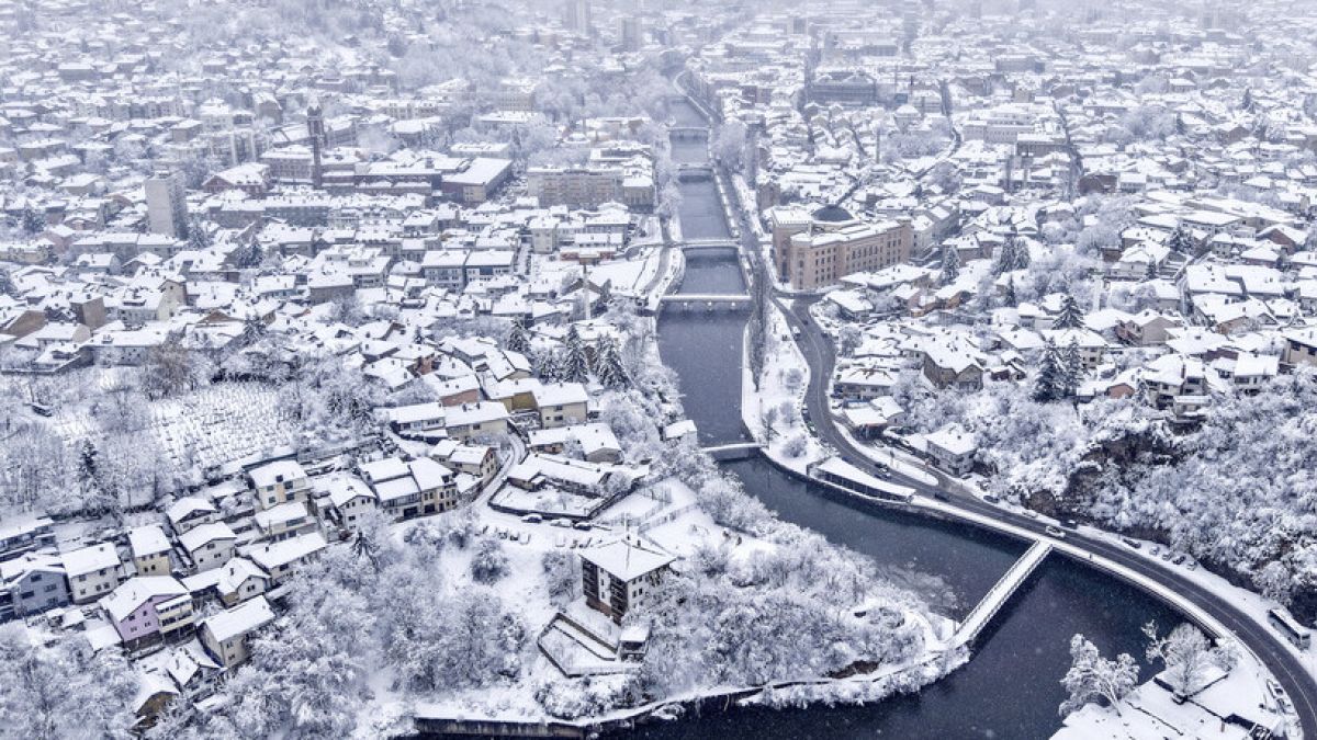 An aerial view of Bascarsija, the old part of Sarajevo, Bosnia, Tuesday, Dec. 24, 2024, after a snowfall