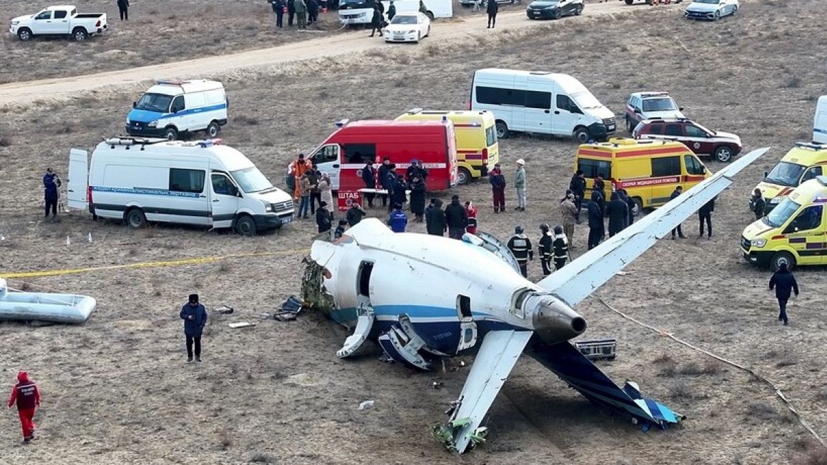 The wreckage of Azerbaijan Airlines Embraer 190 lays on the ground near the airport of Aktau, Kazakhstan, Wednesday, Dec. 25, 2024