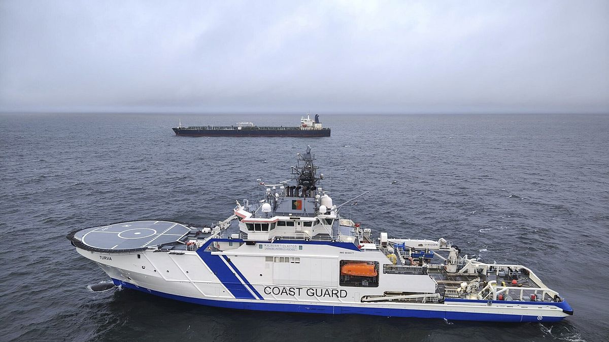 The oil tanker Eagle S and a Finnish Border Guard ship at sea outside Porkkalanniemi, 26 December, 2024