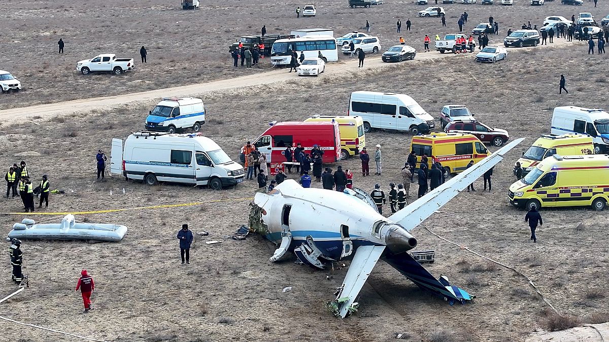 The wreckage of an Azerbaijan Airlines plane lies on the ground near the airport of Aktau, 25 December, 2024