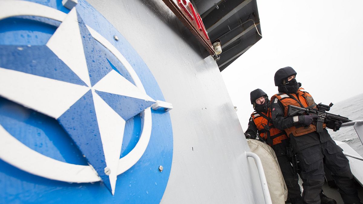 Two Norwegian sailors on board the NATO support vessel Valkyrien in the Baltic Sea, 23 April, 2014