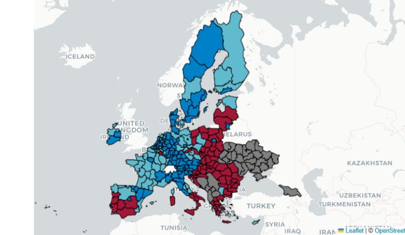 L’UE maintenant. Régions moins développées en rouge, régions en transition en bleu clair, régions développées en bleu