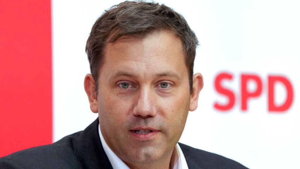 Lars Klingbeil, co-chairman of the German Social Democratic Party (SPD) addresses the media during a joint press conference at the party