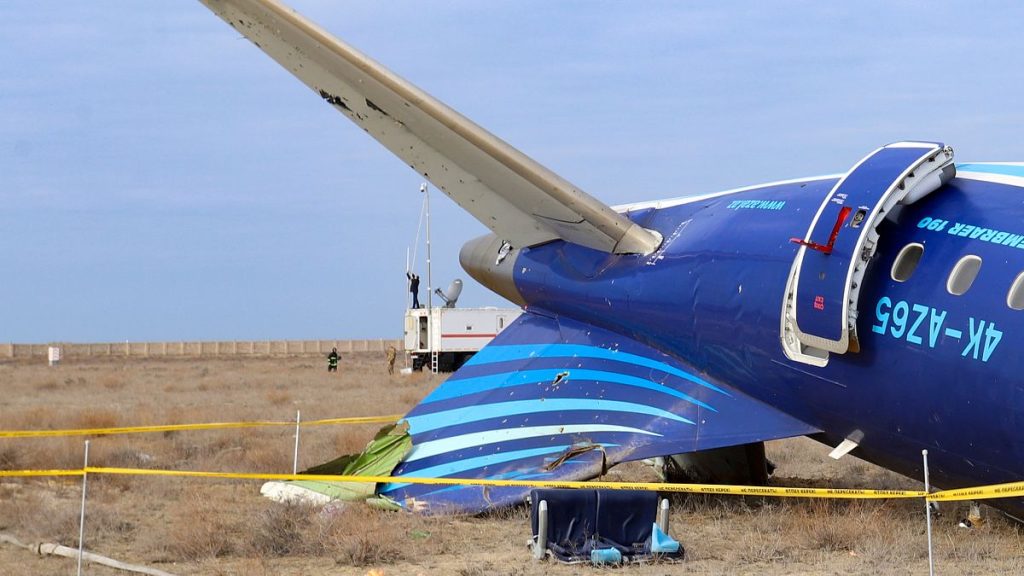 The wreckage of Azerbaijan Airlines Embraer 190 on the ground near the airport of Aktau, Kazakhstan, Wednesday, Dec. 25, 2024.