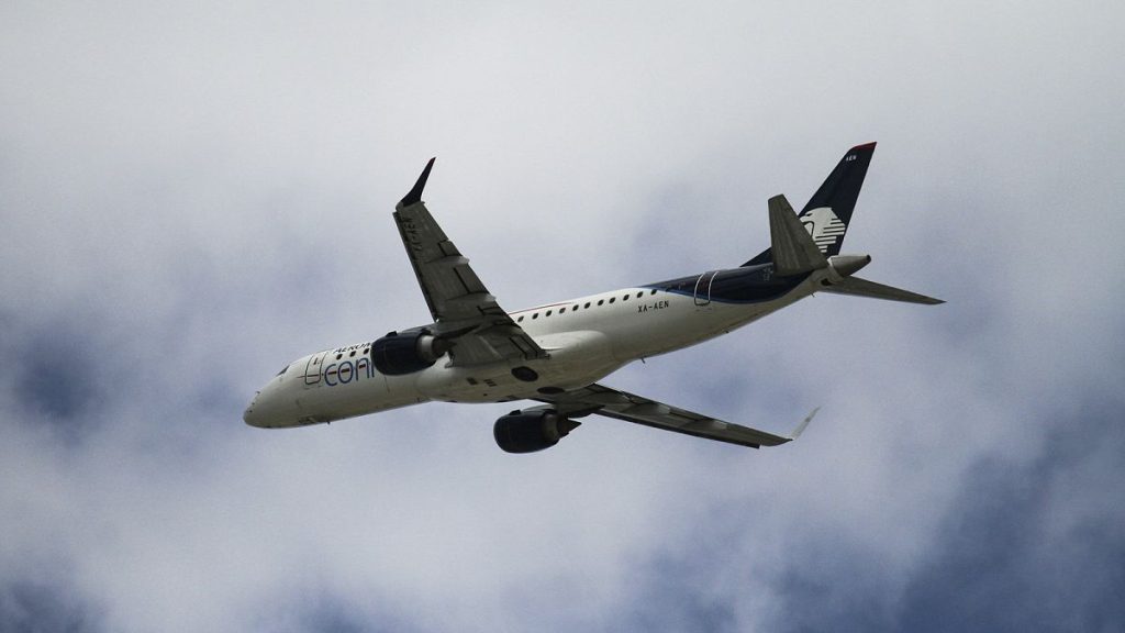 FILE: Aeromexico’s embraer 190 airplane after takeoff, October 2020, illustration