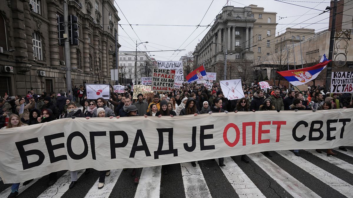 Students in Belgrade carry banner reading: