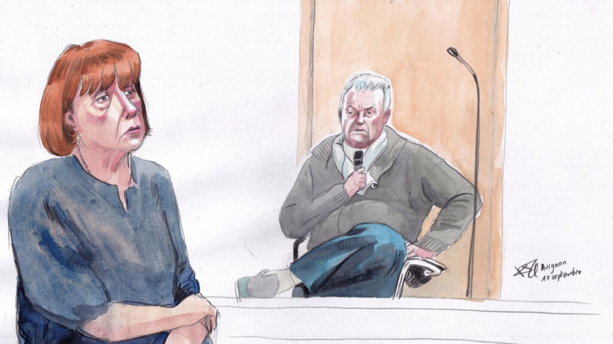 This courtroom sketch by Valentin Pasquier shows Gisèle Pelicot, left, and her ex-husband Dominique Pelicot, right, during his trial, at the Avignon court house, in Avignon.