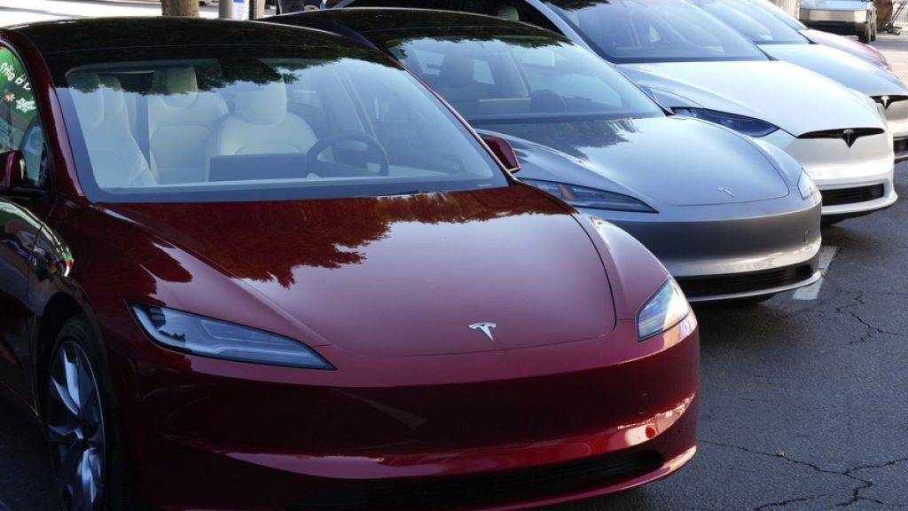 Tesla vehicles are displayed at the AutoMobility LA Auto Show,Thursday, Nov. 21, 2024, in Los Angeles.