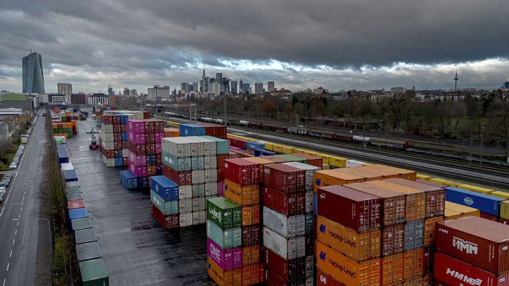 Containers are stacked at the cargo terminal, in Frankfurt, Germany. 6 December 2024.